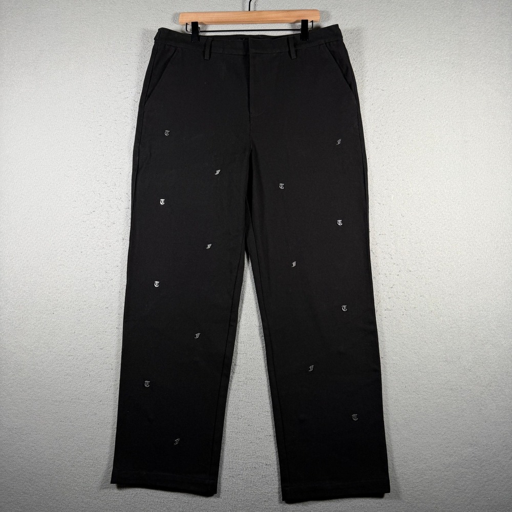 Teddy Fresh Mens Black Embroidered Monogram Straight Leg Pants TF23B20 Size 34